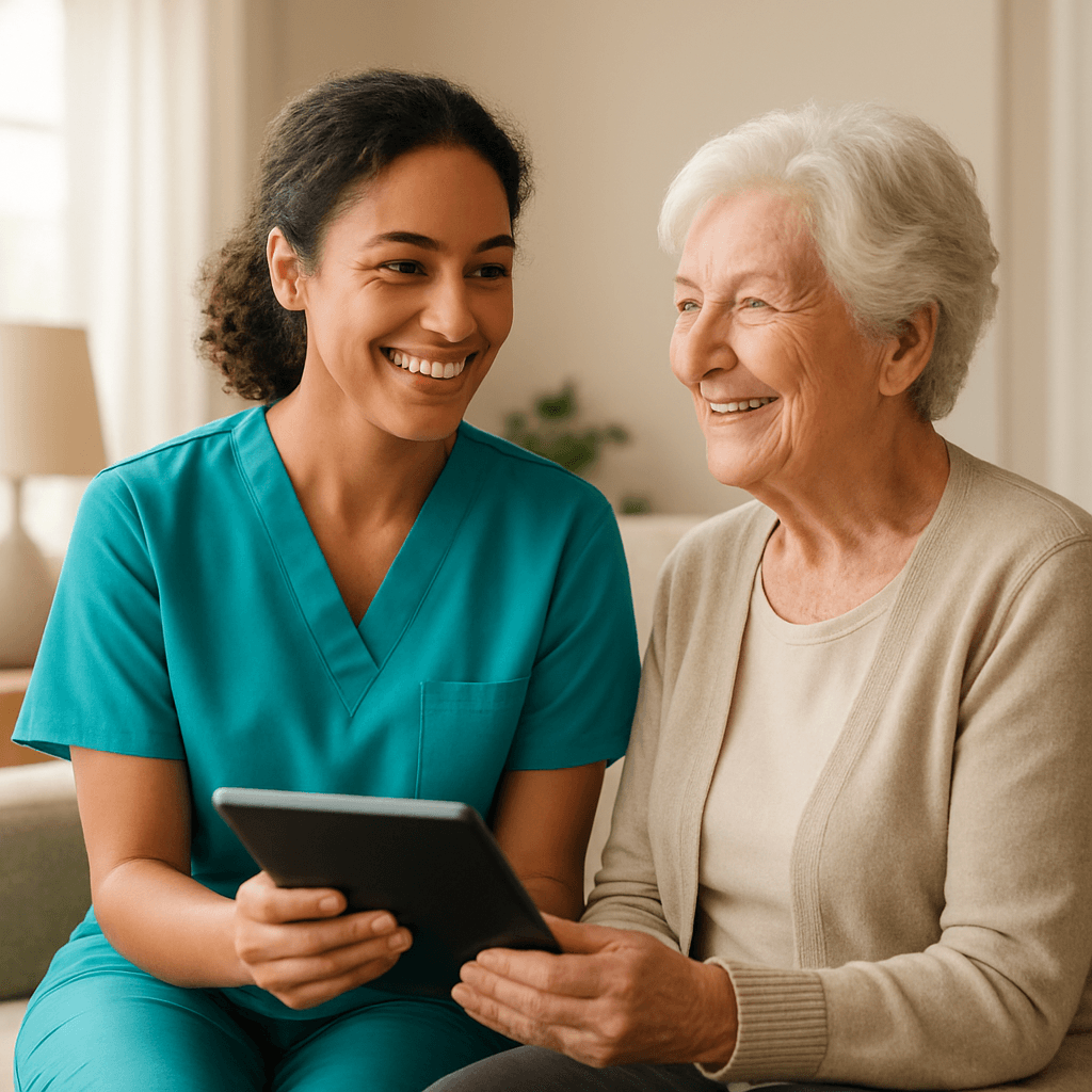A Carionex care worker using a tablet while supporting an elderly client at home