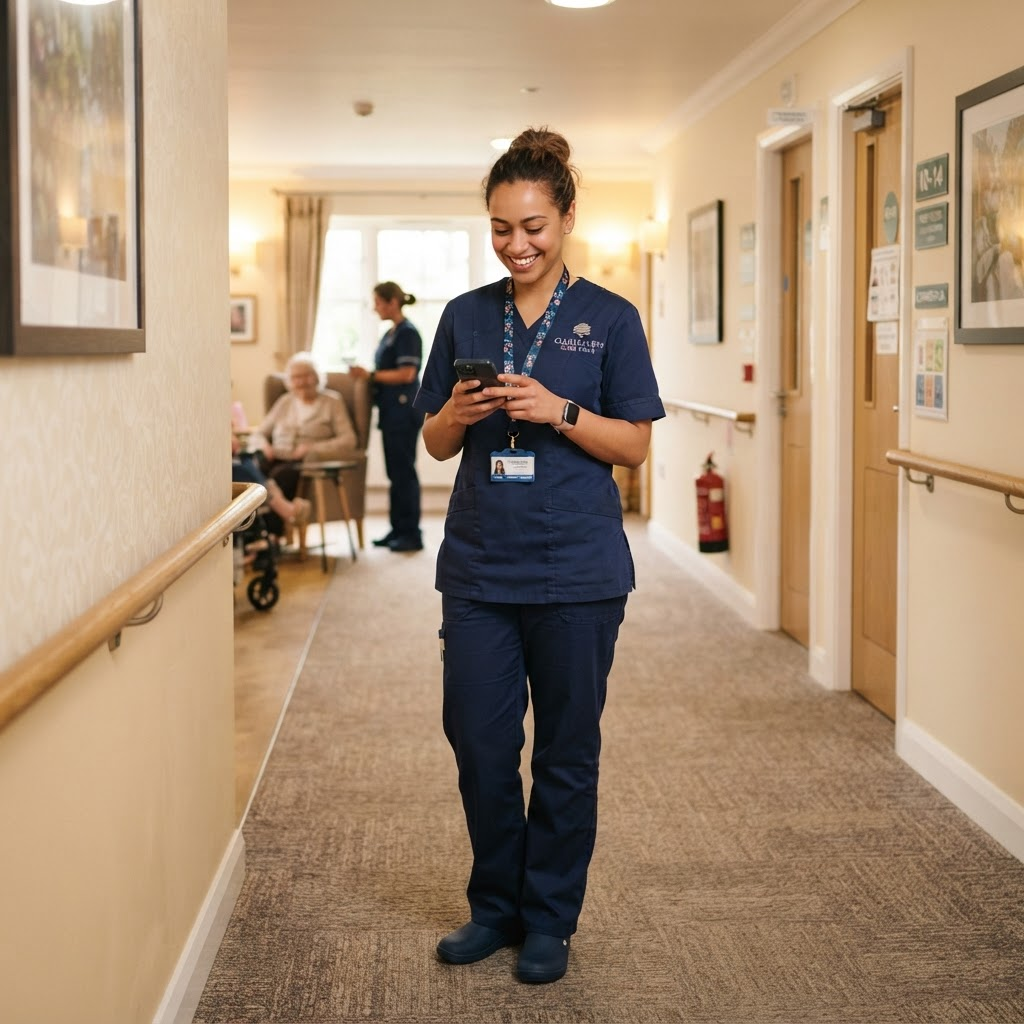 Care support worker checking their shift on a smartphone in a care home corridor