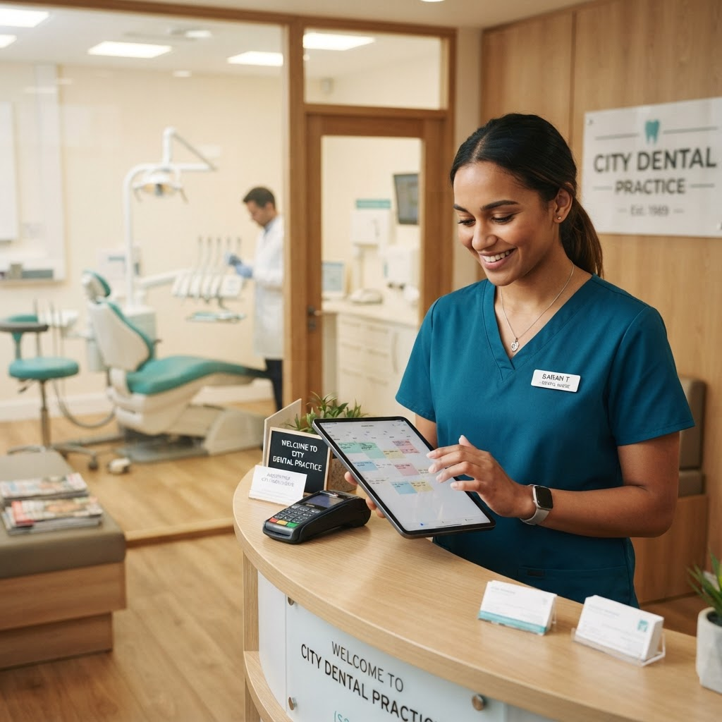 Dental nurse checking a shift booking on a tablet at a modern dental practice